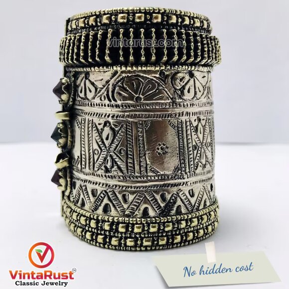 Single Gypsy Kuchi Bracelet With Glass Stones, Hinged, Vintage Cuff - Picture 3 of 10